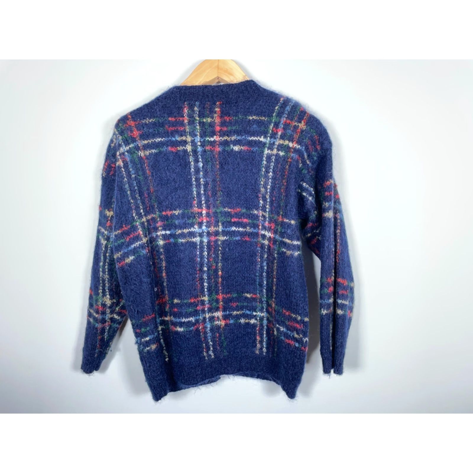 Vintage VINTAGE ID Distinction Cardigan Sweater Dark Blue Check Mohair Blend Women's Medium 90s Retro Knit Shoulder Pads Button Front Knitwear Size M / US 6-8 / IT 42-44 - 2 Thumbnail