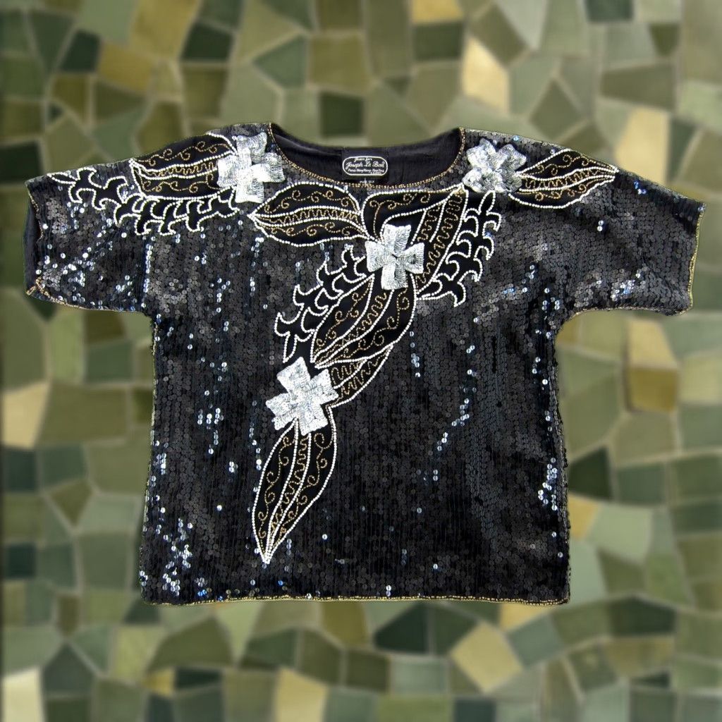 VINTAGE Joseph Le Bon Blouse Tunic Cross Silk 100% Black Silver Gold Beaded M Women