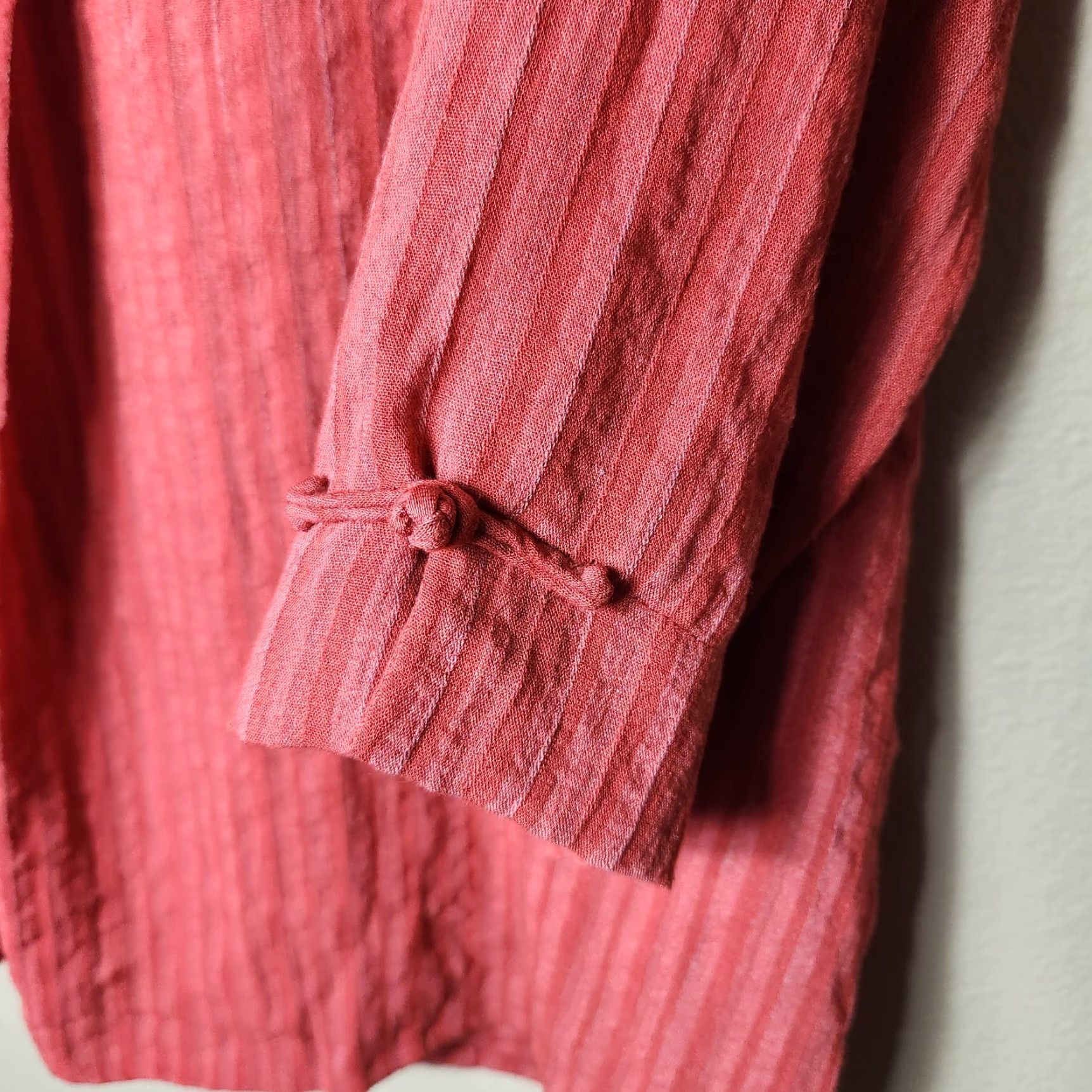 Rusty Fridaze Blouse Womens Rust Red Stripe 100% Linen 3/4 Sleeve Lagenlook Top-Size L Brown Rounded Neck Casual, Travel Womens Size L / US 10 / IT 46 - 3 Thumbnail