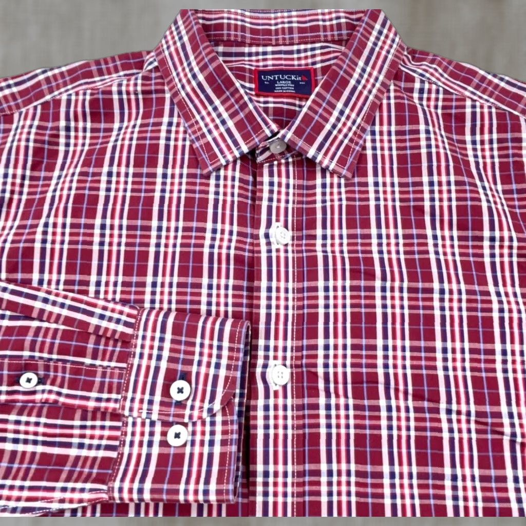 UNTUCKit UNTUCKit Shirt Men L Red Plaid Dress Poplin Lightweight Button-Up Casual Snap Free Size 42R - 1 Thumbnail