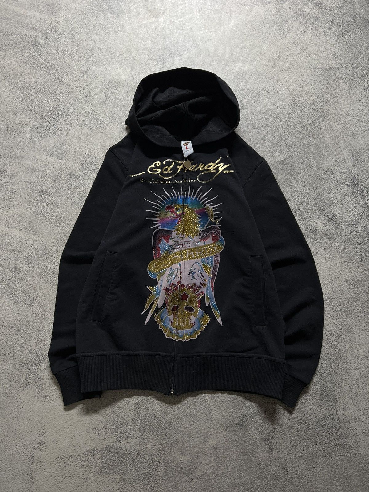 Christian Audigier × Ed Hardy × Vintage Vintage Y2k 🦅☠️ Ed Hardy Eagle Skull Big Logo Hoodie 90’s Size L / US 10 / IT 46 - 2 Thumbnail