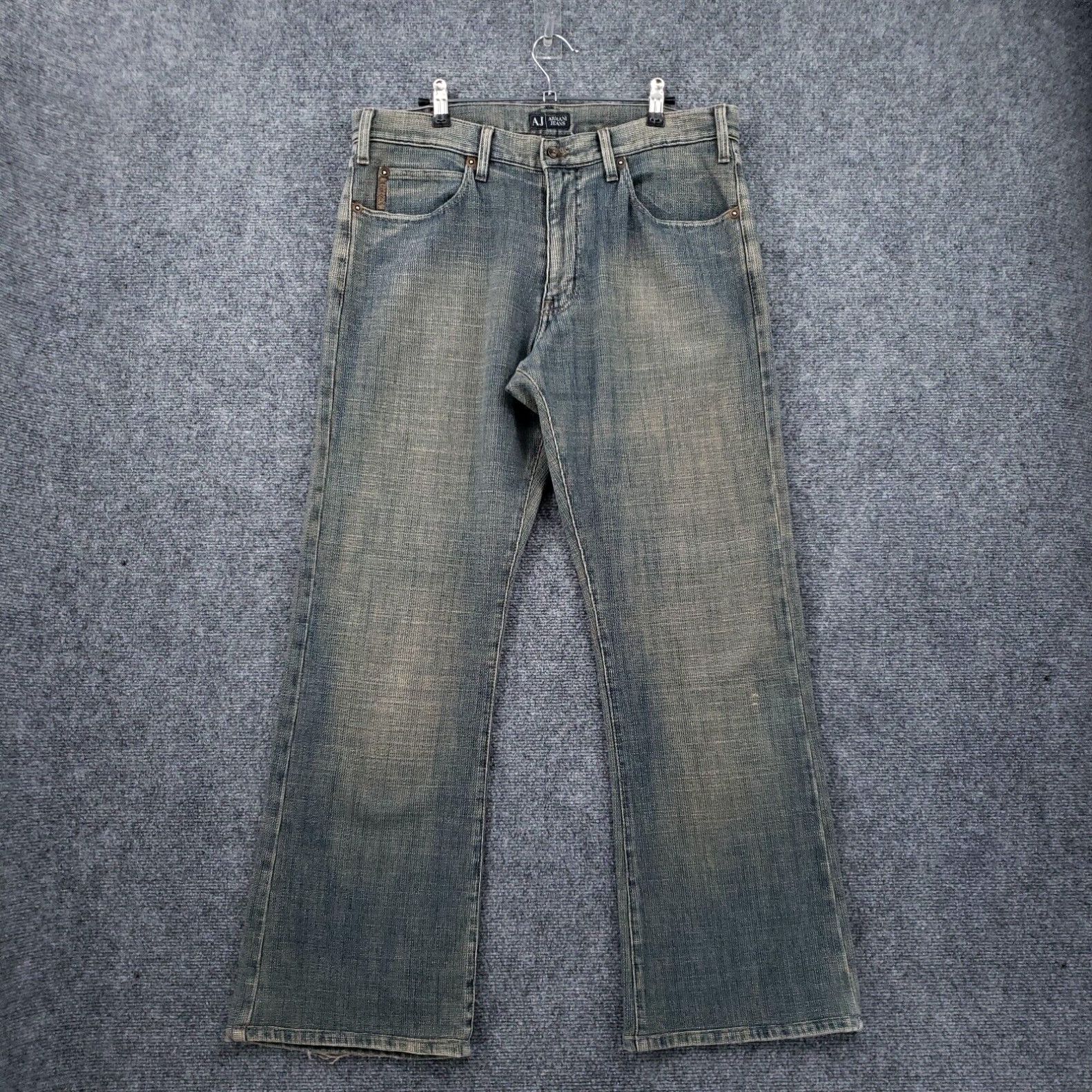 image of Vintage Armani Jeans Mens 36X30 Blue Straight Leg Mid Rise Zip Medium Wash Denim Italy in White