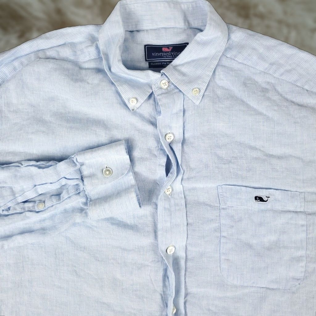 Vineyard Vines VINEYARD VINES Shirt Large Blue Striped Linen Casual Button-Up Long Sleeve Mens Size US L / EU 52-54 / 3 - 1 Thumbnail