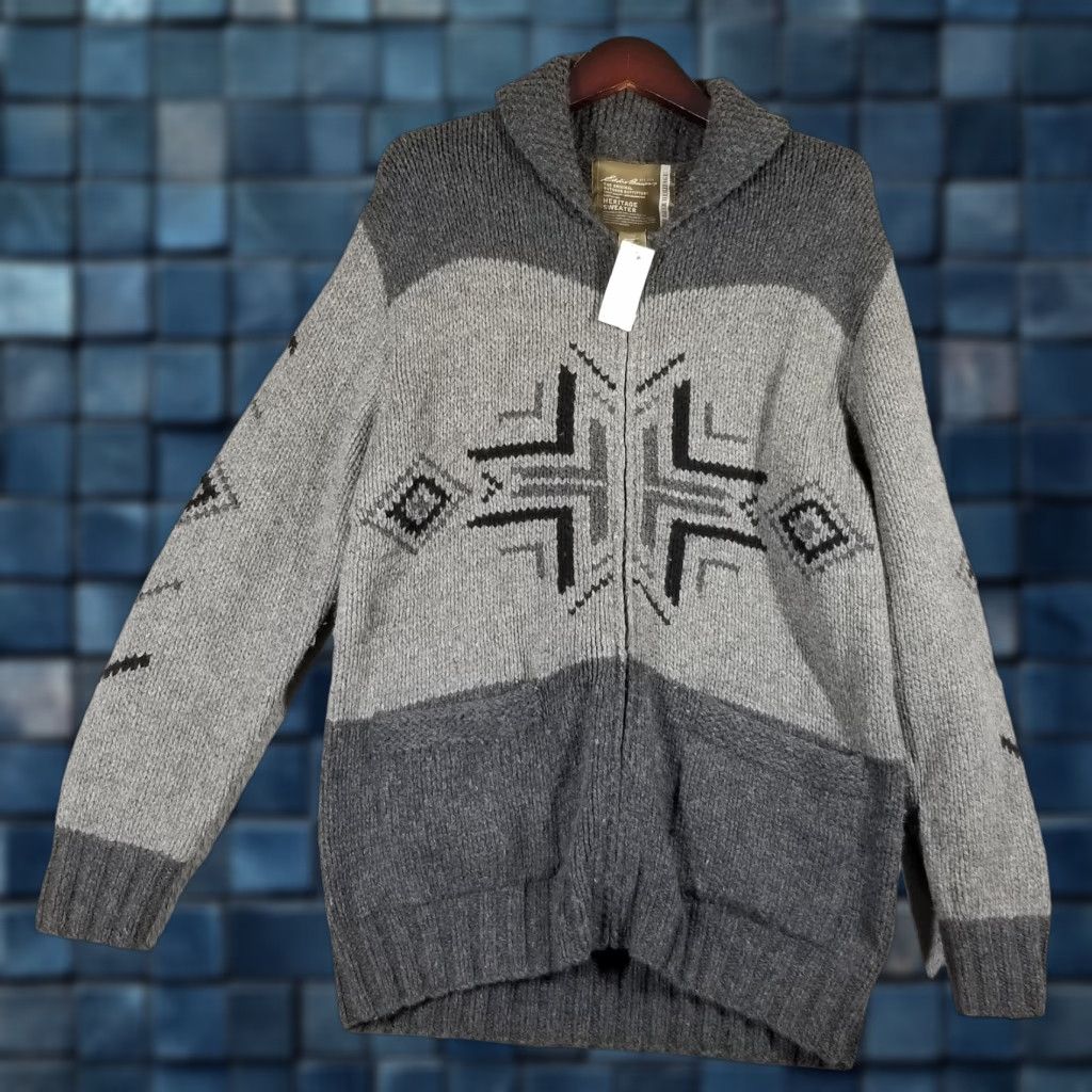 Eddie Bauer Eddie Bauer Heritage Sweater Mens Full Zip Shawl Collar Geometric Bison Gray Medium Wool Nylon 80/20 Mens Size US M / EU 48-50 / 2 - 1 Thumbnail