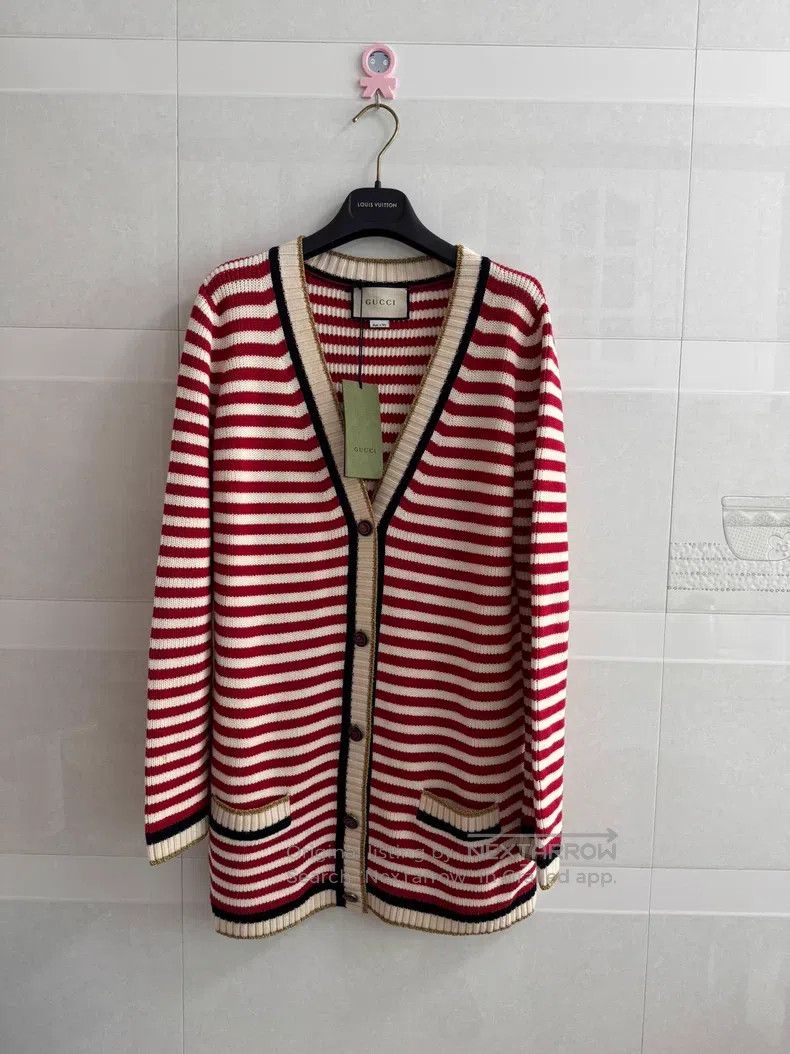 Gucci Gucci Red and white striped knitted cardigan coat Size L / US 10 / IT 46 - 1 Thumbnail