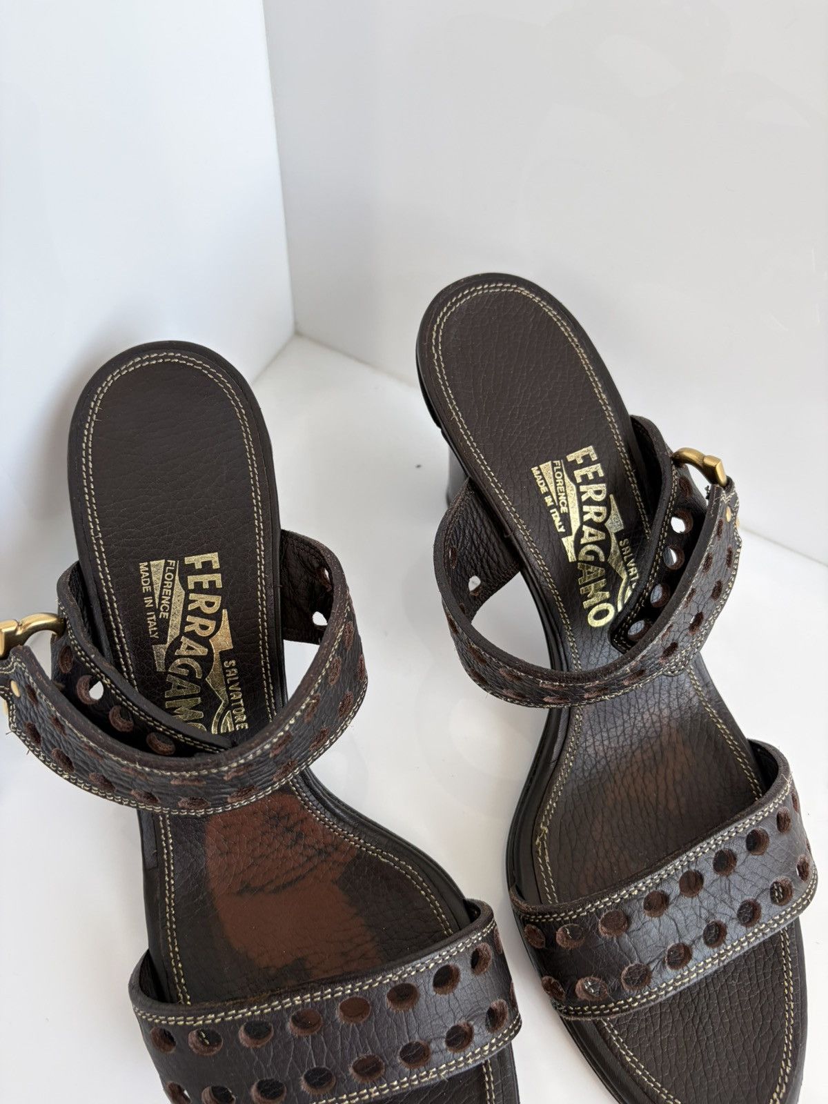 Salvatore Ferragamo Vintage Salvatore Ferragamo Perforated Leather Sandal Heels Size US 10 / IT 40 - 8 Thumbnail