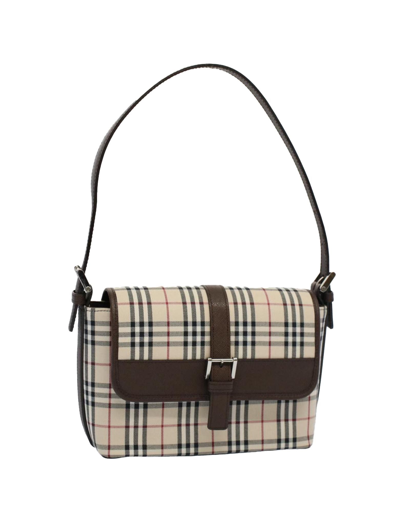 image of Burberry Beige Synthetic Checkered Shoulder Bag, Women's