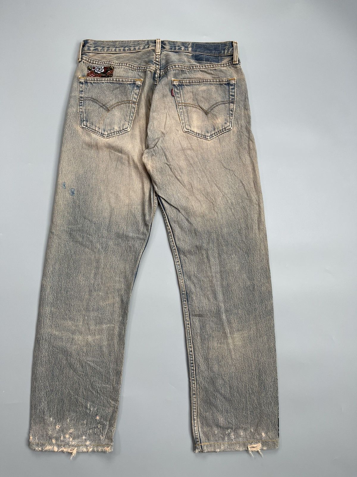 Karakuri Tamashii Distressed navy blue jeans with unique embroidery Size US 33 - 2 Thumbnail