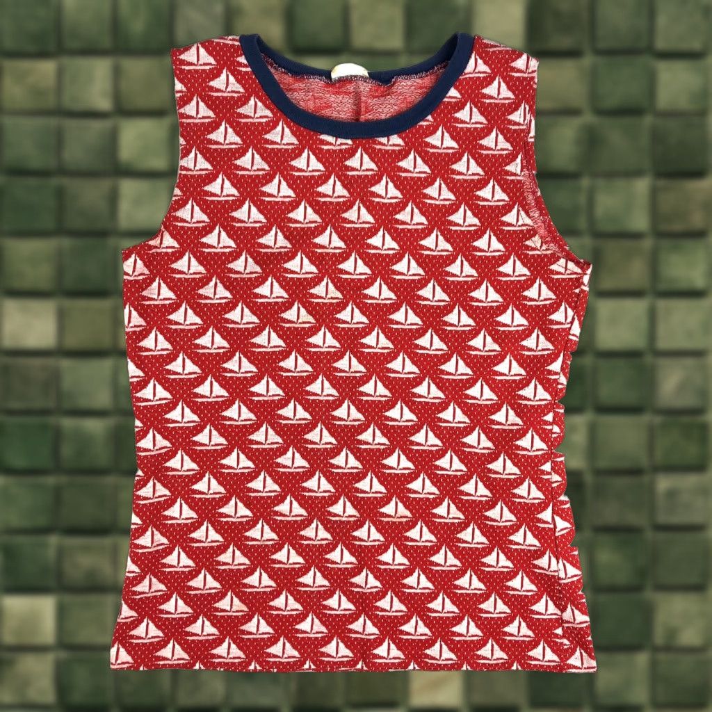 VINTAGE Pandora Sailboat All Over Print Knit Shirt Tank Top 50s 60s Red XS S Women's Shirt USA Beach Vacation 1950s 1960s