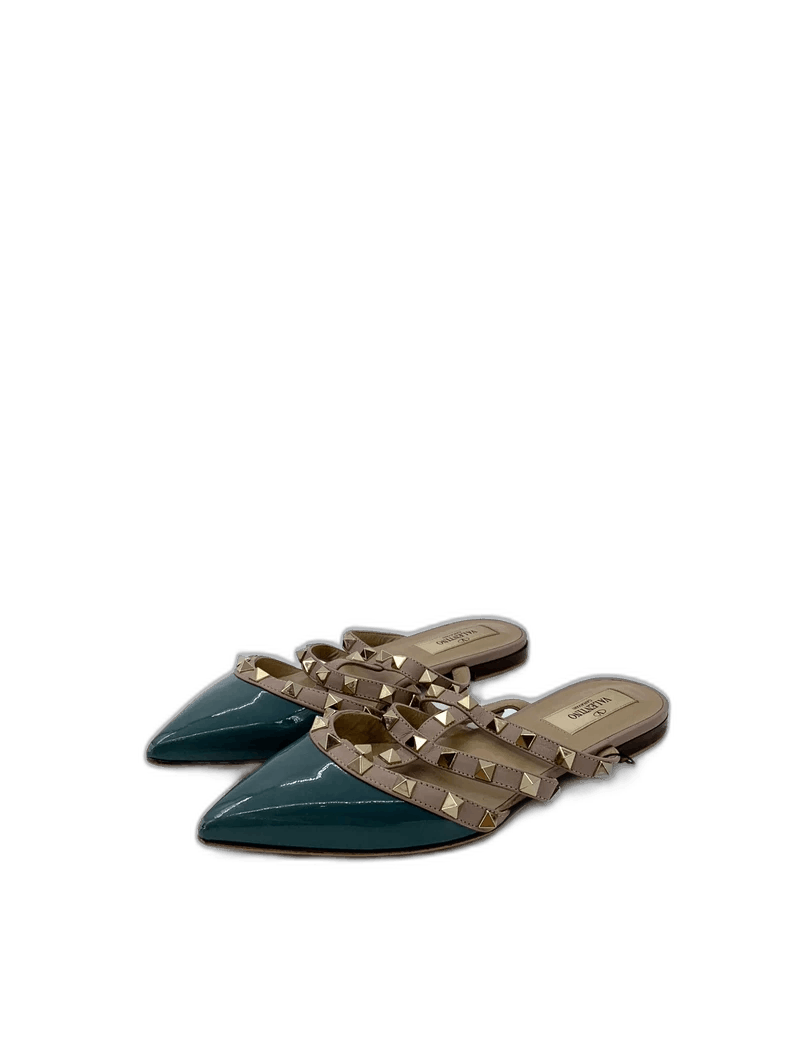 Valentino Size 35 Peacock Blue Studs Patent Leather Pointed Toe Flat Shoes