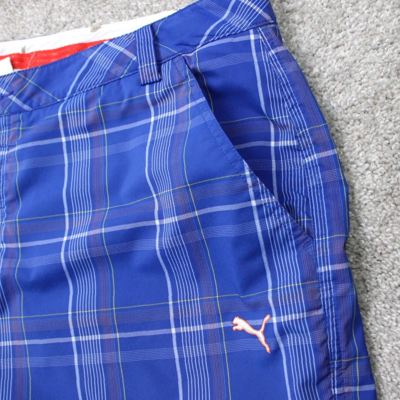 Puma Puma Shorts Mens 40 Blue Check Bermuda Flat Front Poly Stretch Pockets Slim Regular Inseam 11in Sports Casual Summer Spring Fall Size US 40 / EU 56 - 5 Thumbnail