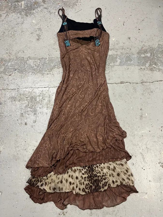 Roberto Cavalli 2000s Roberto Cavalli Class Brown Flowers & Leopard Dress Size M / US 6-8 / IT 42-44 - 4 Thumbnail