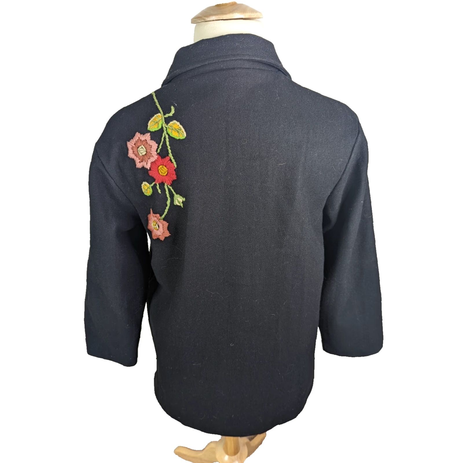 Vintage VINTAGE Parsley & Sage Women's XL Pea Coat Jacket Black Wool Floral Embroidered Coatigan Size XL / US 12-14 / IT 48-50 - 3 Thumbnail