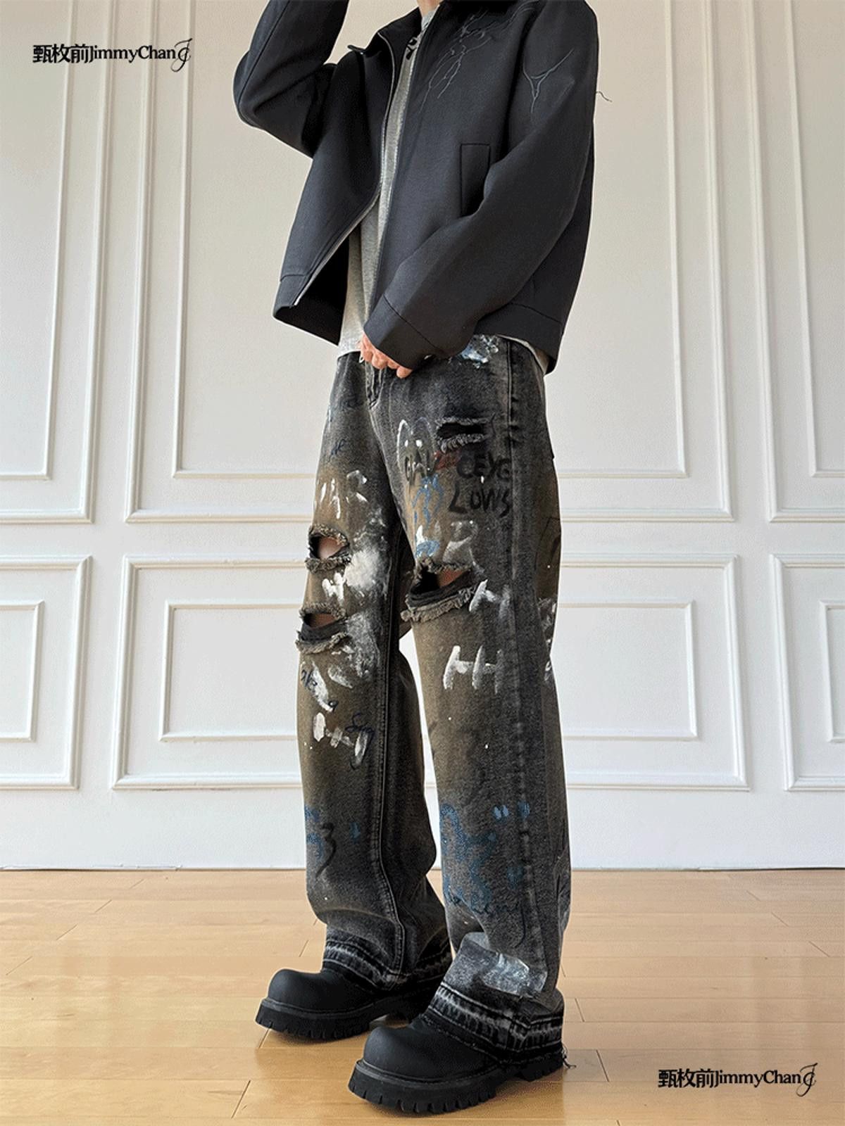 Other Graffiti-Print Ripped Wide Leg Baggy Jeans Size US 32 / EU 48 - 3 Thumbnail