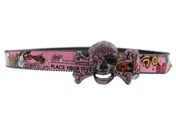 Japanese Brand 105 cm Colorful Skull & Crossbones PU Leather Belt Size ONE SIZE - 7 Thumbnail