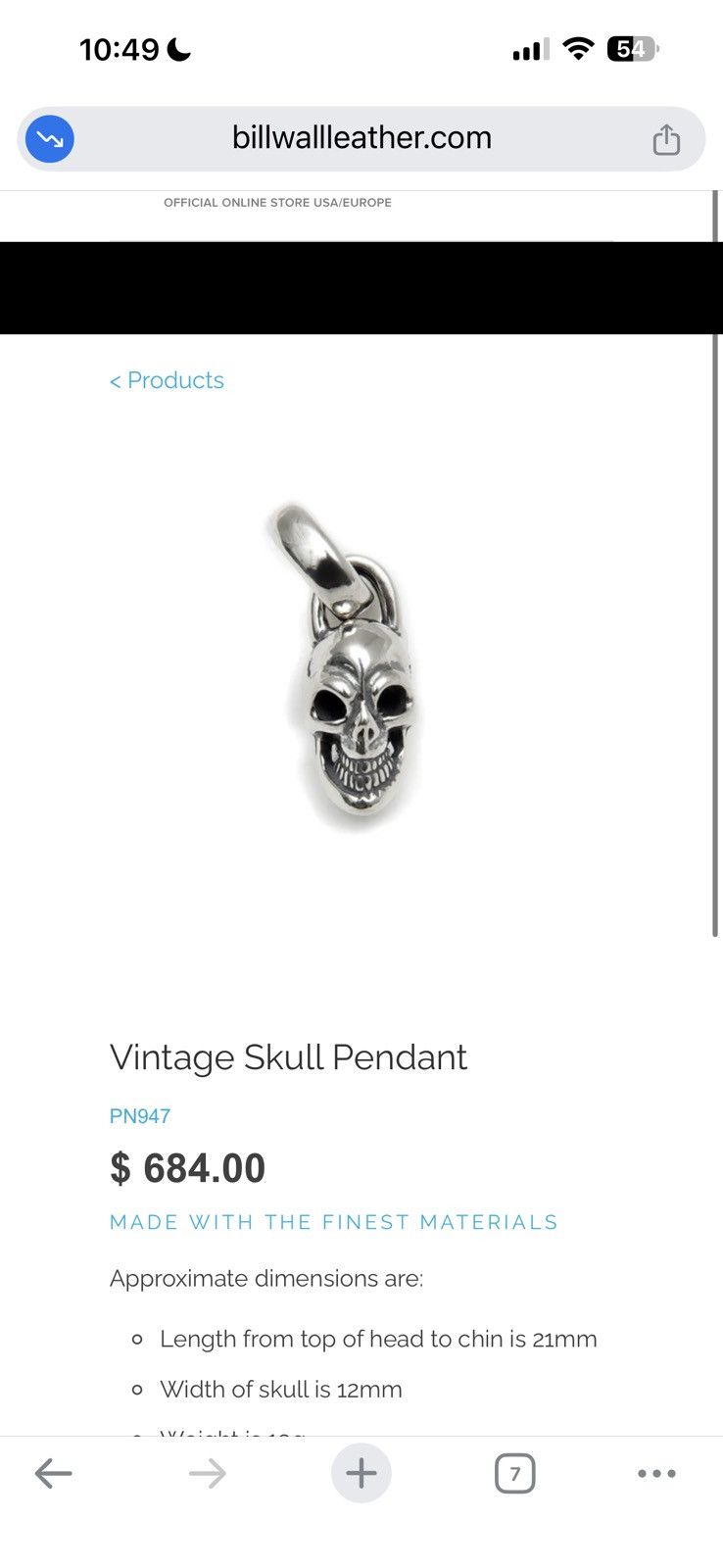 Bill Wall Leather BWL Skull Pendant Size ONE SIZE - 3 Thumbnail