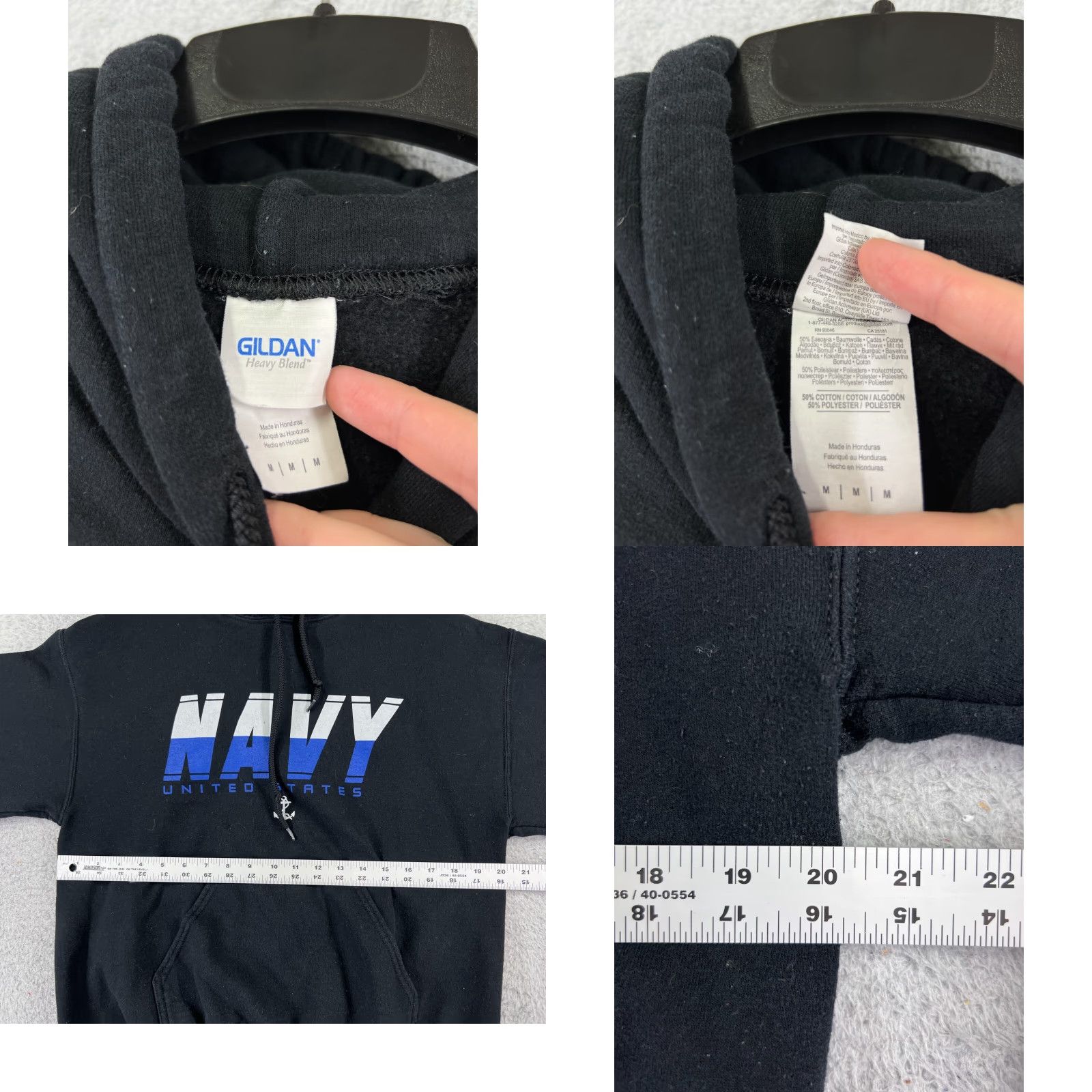 Gildan US Navy Hoodie Mens M Black Pocket Cotton Blend Jersey Fabric 008 Shirt Size US M / EU 48-50 / 2 - 8 Thumbnail
