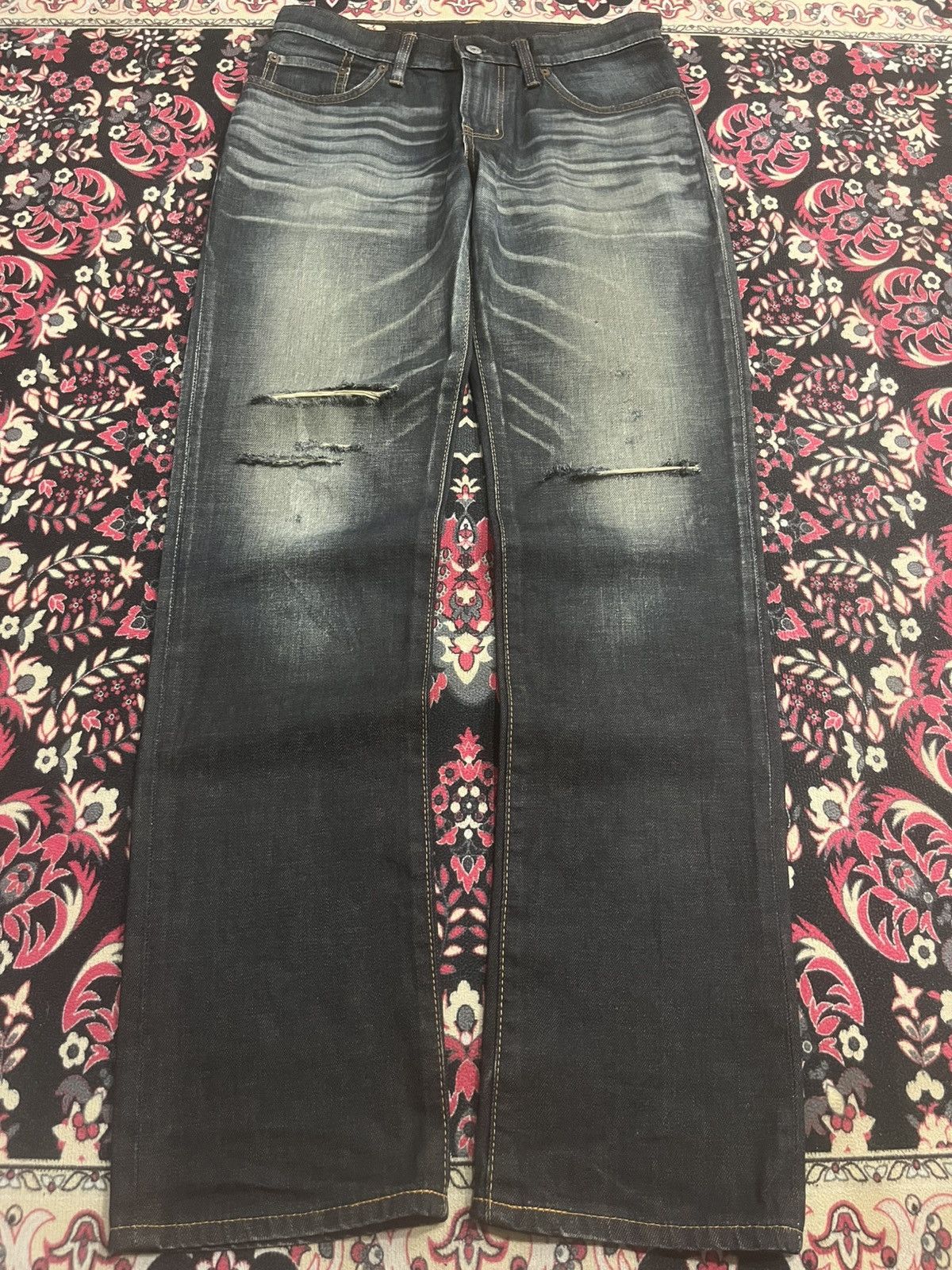Edwin Vintage Edwin Japan Dark Faded Narrow Straight Ripped Jeans Size 28" / US 6 / IT 42 - 1 Thumbnail