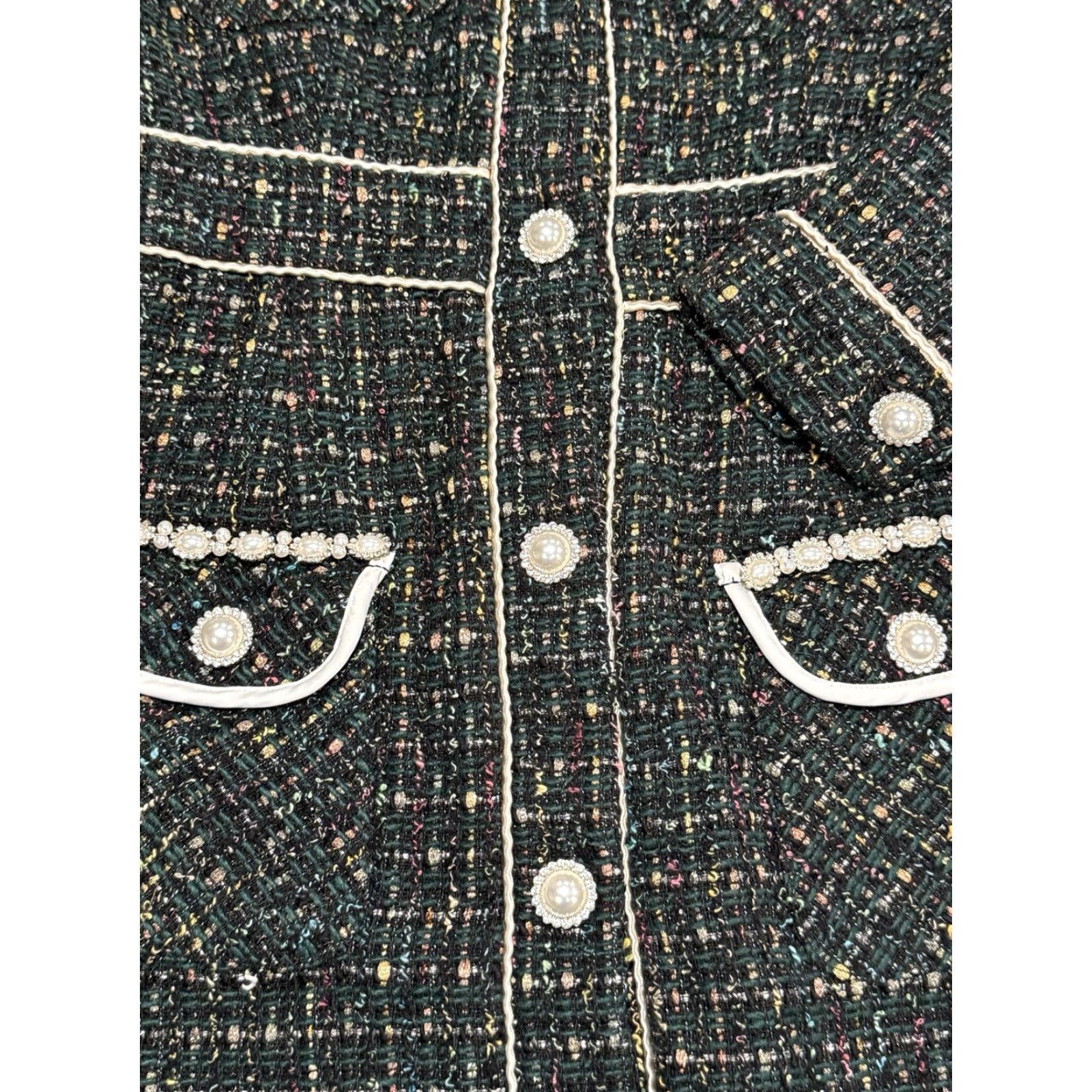 Vintage Sister Jane Dream Katarina Tweed Mini Sequin Dress Green M Womens Crew Neck Long Sleeve Party Cocktail Vintage-Inspired Old Money Size M / US 6-8 / IT 42-44 - 6 Thumbnail
