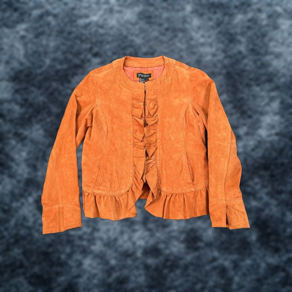 Vintage VINTAGE Prosper & Devine Leather Jacket Womens Large Orange Ruffle Front Button Ladies L Orange Leather Ruffle Basic Jacket Size L / US 10 / IT 46 - 1 Thumbnail