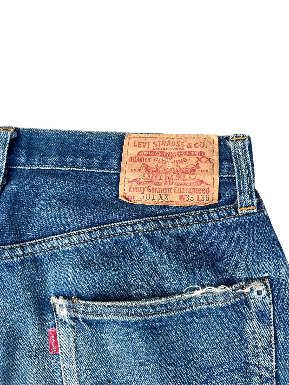 Levi's Vintage Clothing Trashed 90s LVC Levi’s 501 XX Big E Mud Denim Selvedge Jeans Size US 32 / EU 48 - 20 Thumbnail