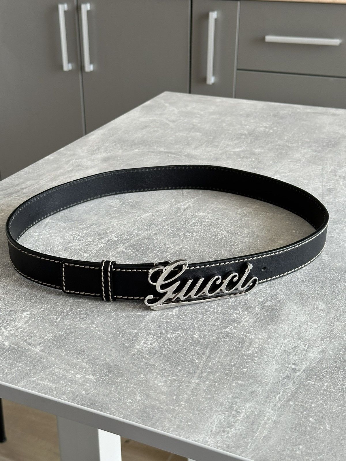 Pre-owned Gucci X Vintage Gucci Silver Big Logo Black Letaher Belt Size: 32-34 181830