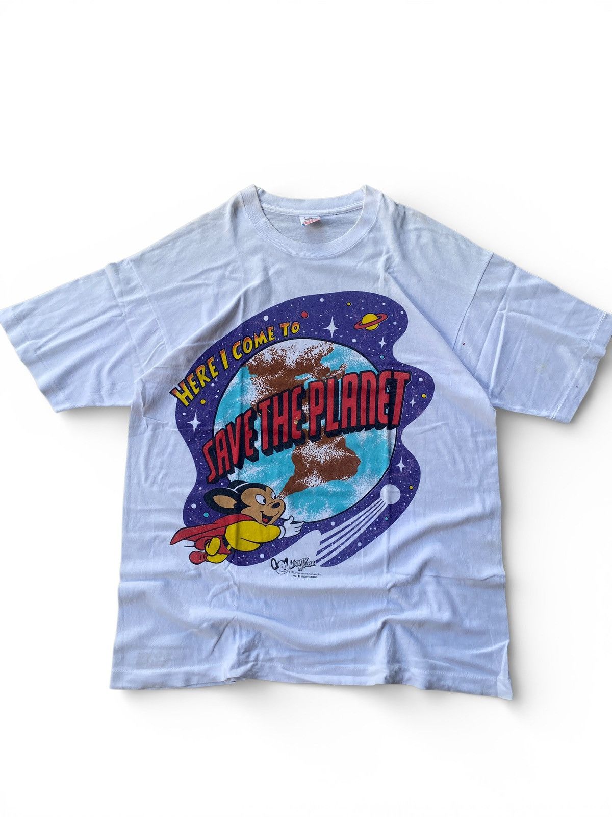 Warner Bros Vintage Mighty Mouse Save The Planet Graphic Tee 1993 Size US L / EU 52-54 / 3 - 1 Thumbnail