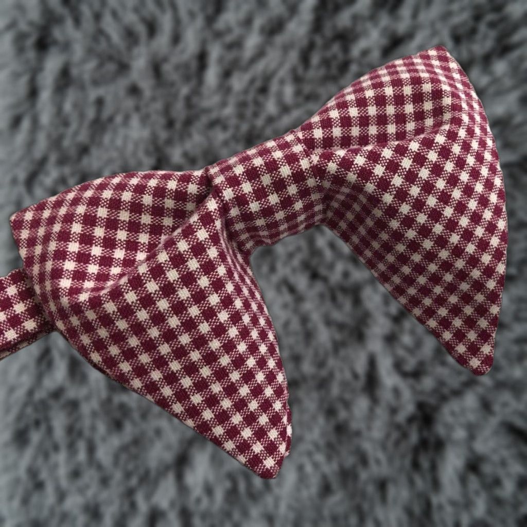 VINTAGE Handmade Bow Tie 70s Burgundy Gingham Check Plaid Pre-tied Wedding Gift for Him Mens