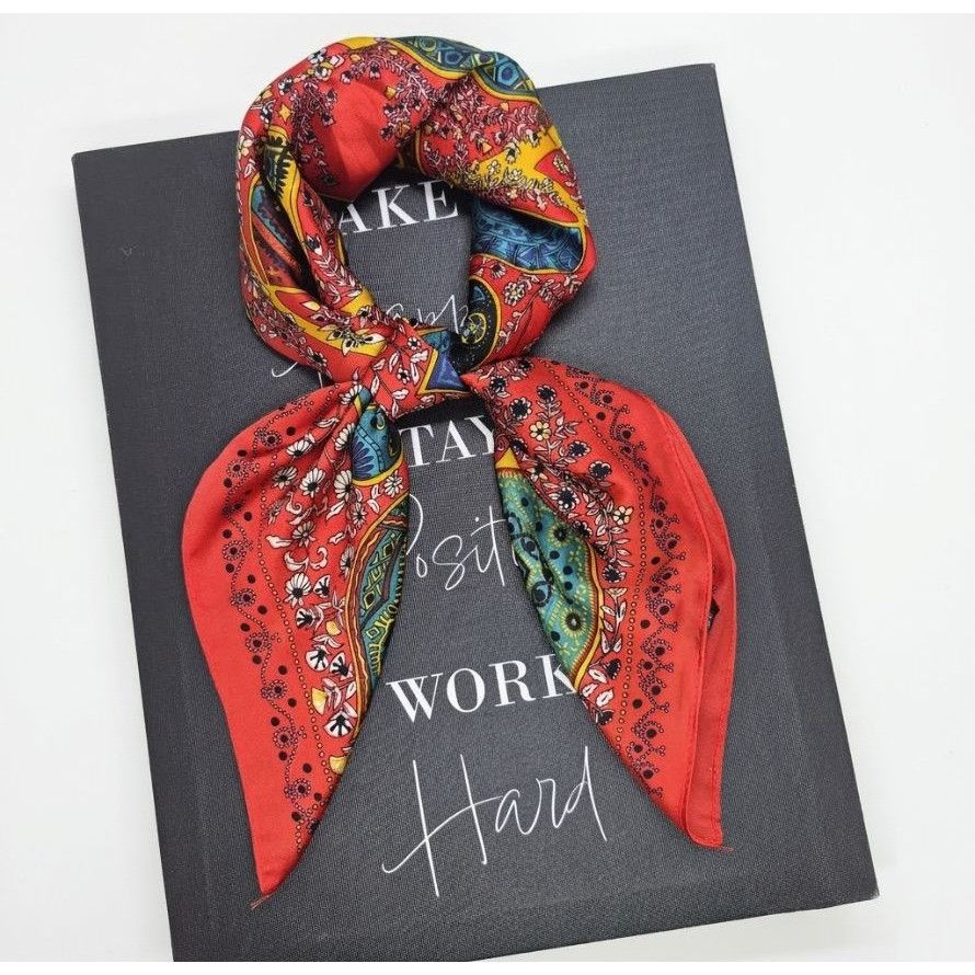 Other ✨New Elegant Bandana Square Scarf Silky Satin Red Floral Lea Size ONE SIZE - 2 Thumbnail