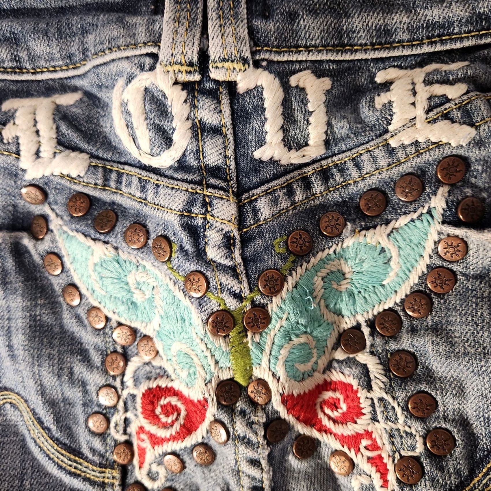 Vintage People 4 Peace Jeans Shorts Womens Small Blue Distressed Studded Embroidered USA Bohemian Festival Y2K Butterfly Size 28" / US 6 / IT 42 - 5 Thumbnail