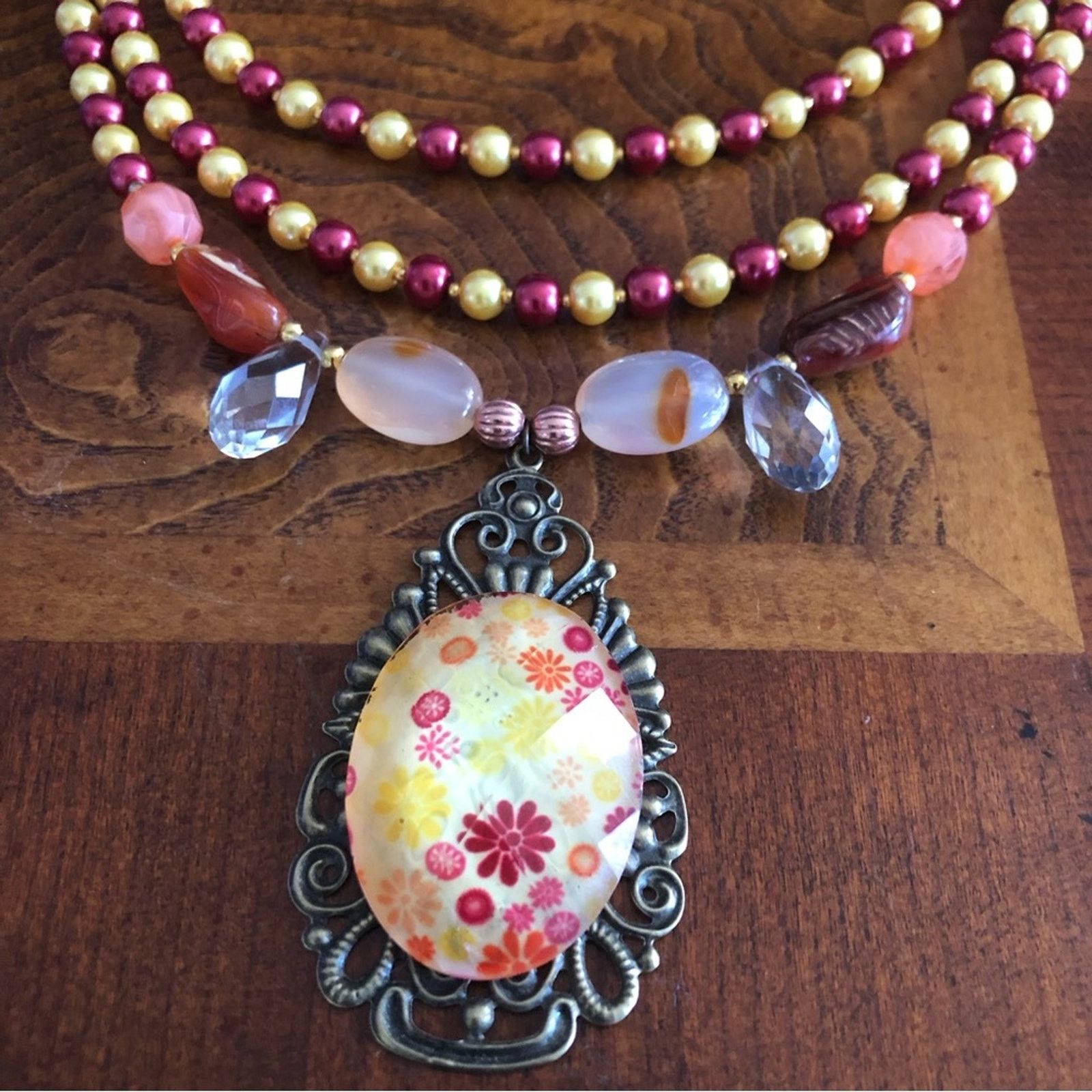 Handmade Handcrafted repurpose stone cameo pendant Pearl necklace Size ONE SIZE - 12 Thumbnail