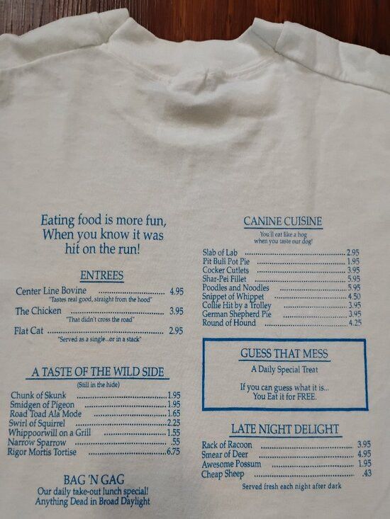 Fruit Of The Loom Vintage Road Kill Cafe Menu Hot Springs T-Shirt Size US XL / EU 56 / 4 - 7 Thumbnail