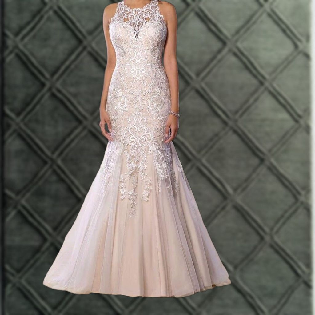 Vintage Stella York 6600 Mermaid Wedding Dress Halter Neckline Size 16 Ivory Lace Crystal Dams Ruffles Sleeveless Full-Length Ball Gown Sample Womens Size ONE SIZE - 1 Thumbnail