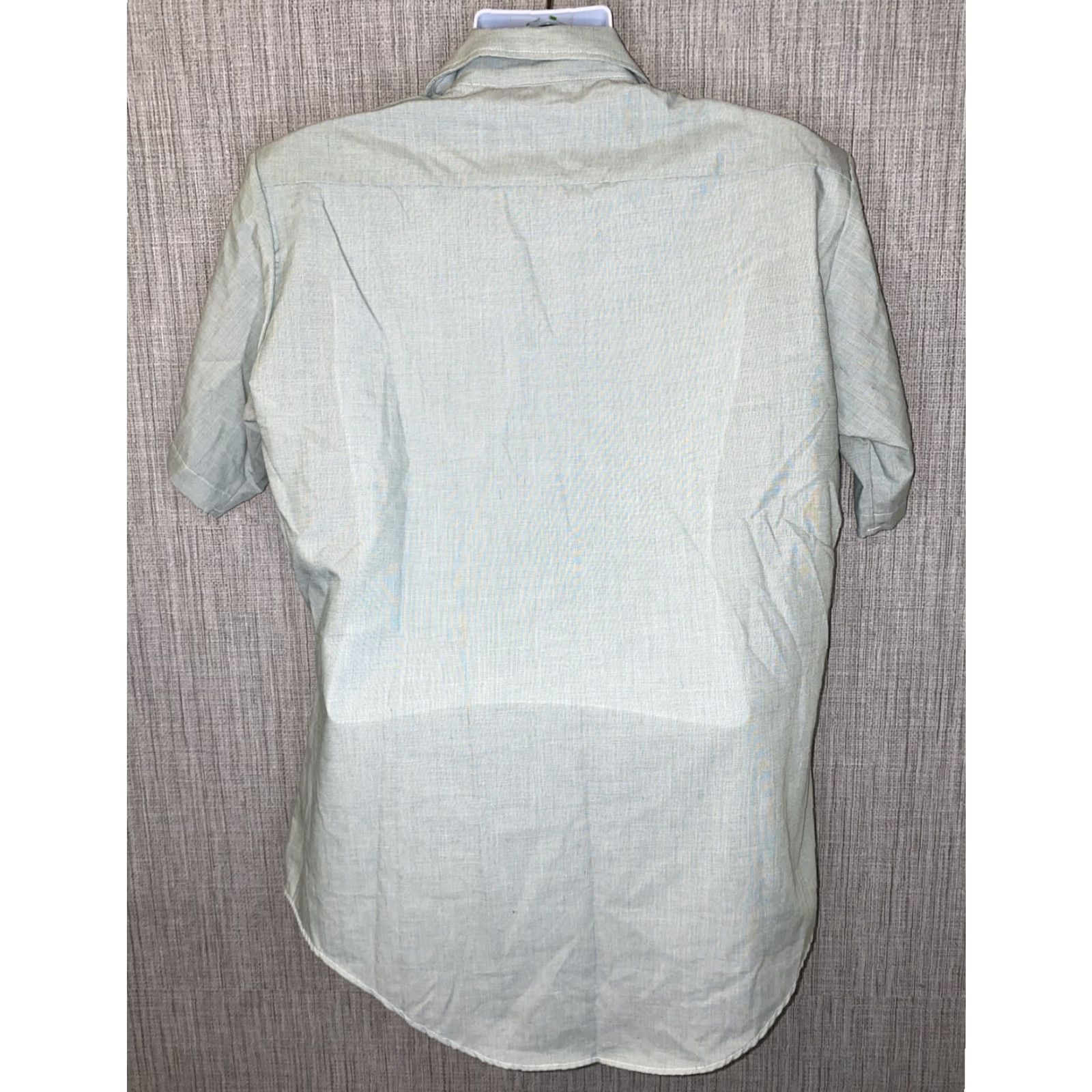 Vintage Mens Light Green Shirt Short Sleeve Button Front Dress 16.5 Regular Collar Polyester/Cotton Solid Mens Size 46R - 4 Thumbnail