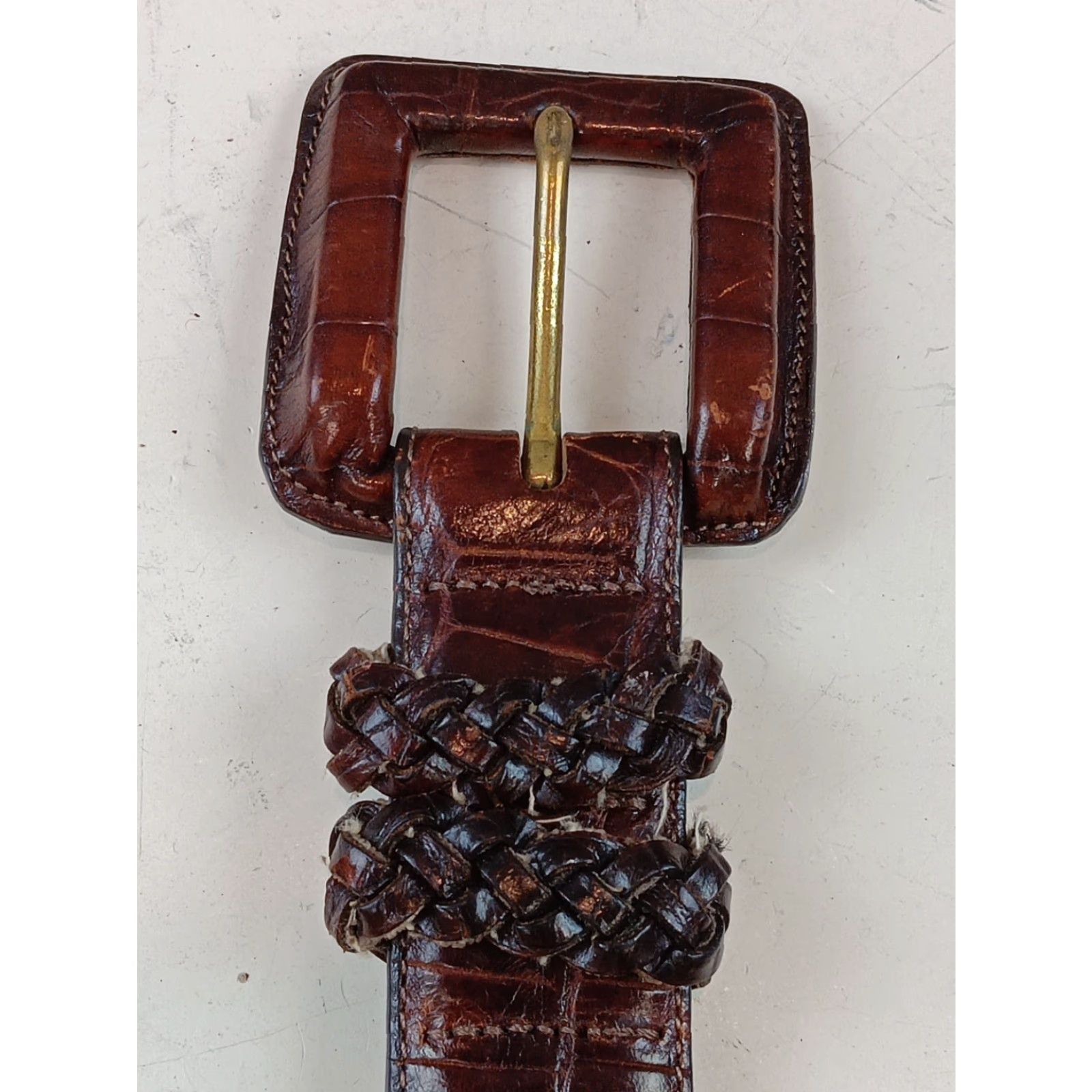 Brighton VINTAGE Brighton Belt Croc Print Leather Brown Brass Buckle Adjustable 31-34 Inches Women Medium Size ONE SIZE - 6 Thumbnail