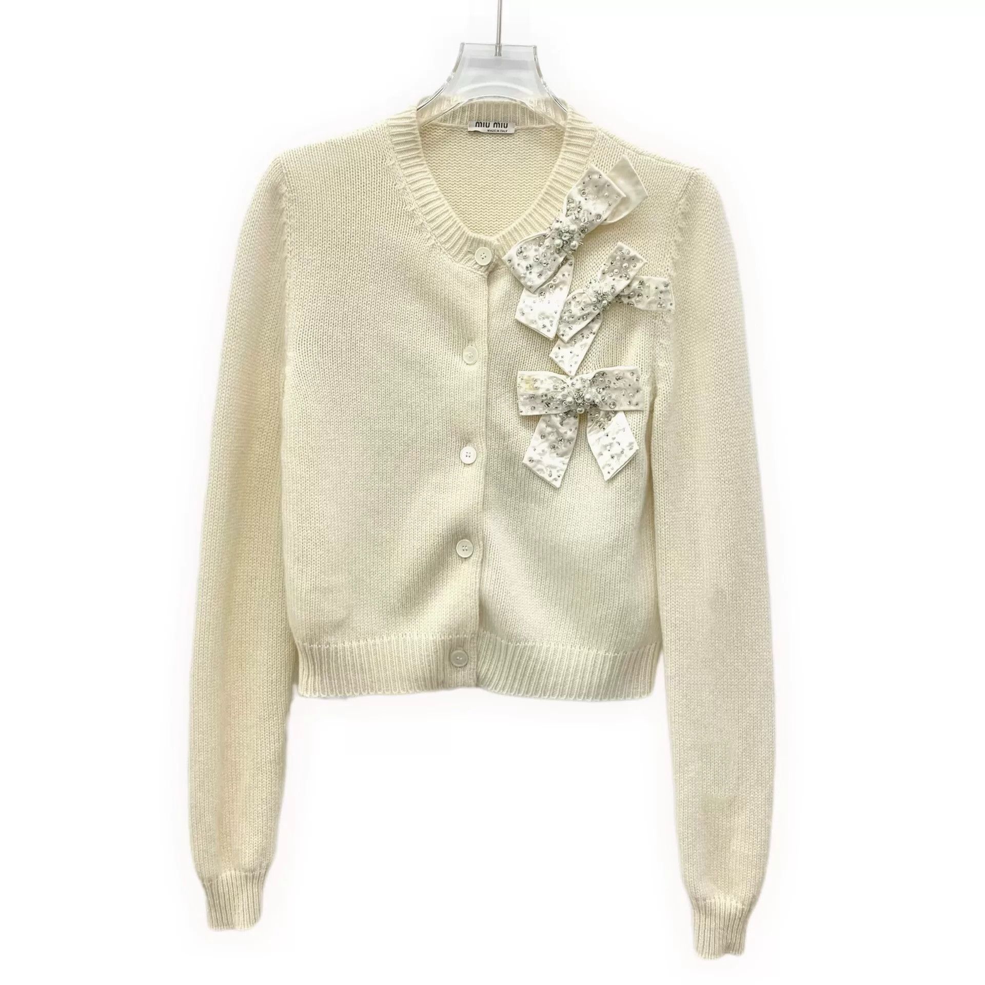 Miu Miu beige jeweled bow button-up cardigan Size M / US 6-8 / IT 42-44 - 1 Thumbnail