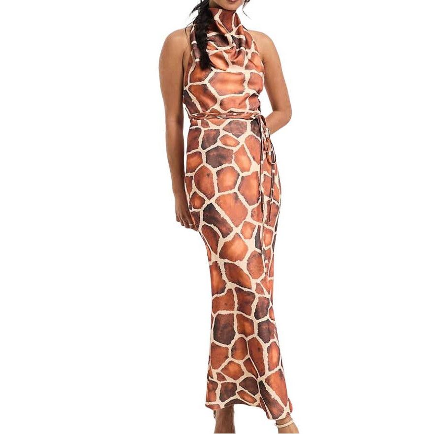 ASOS Design Satin Cowl Neck Halter Midi Tie Wrap Waist Size8