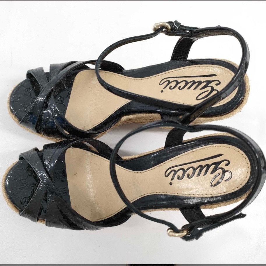 Gucci Gucci Black Patent GG Embossed Raffia Wedge Sandals Sz 38 Size US 8 / IT 38 - 4 Thumbnail