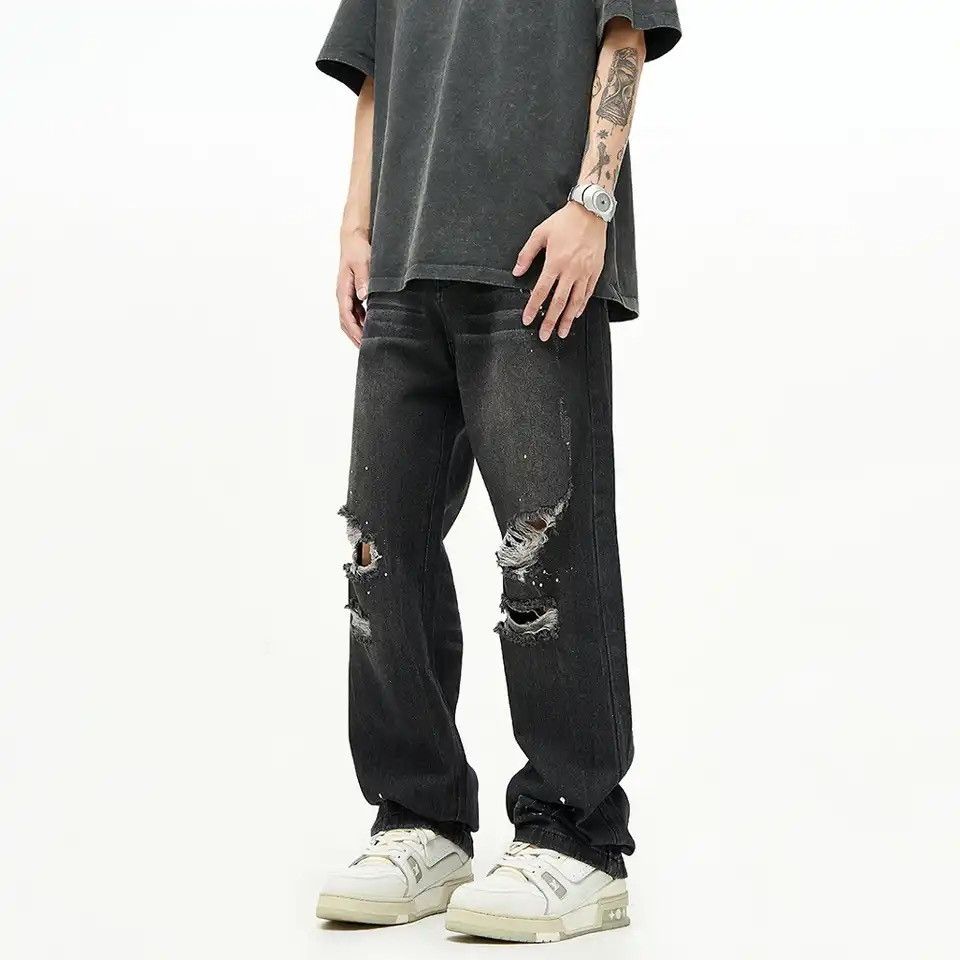 Japanese Brand × Vintage Ripped Jeans Men Y2k Street Baggy Summer Black Size US 33 - 3 Thumbnail