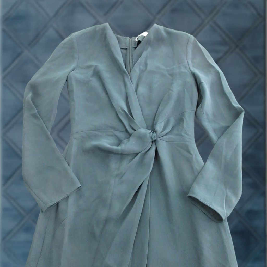 Vintage Babaton Dress Womens S Green Ruched Wrap Long Sleeve V Neck Knee Length Cocktail Size S / US 4 / IT 40 - 1 Thumbnail