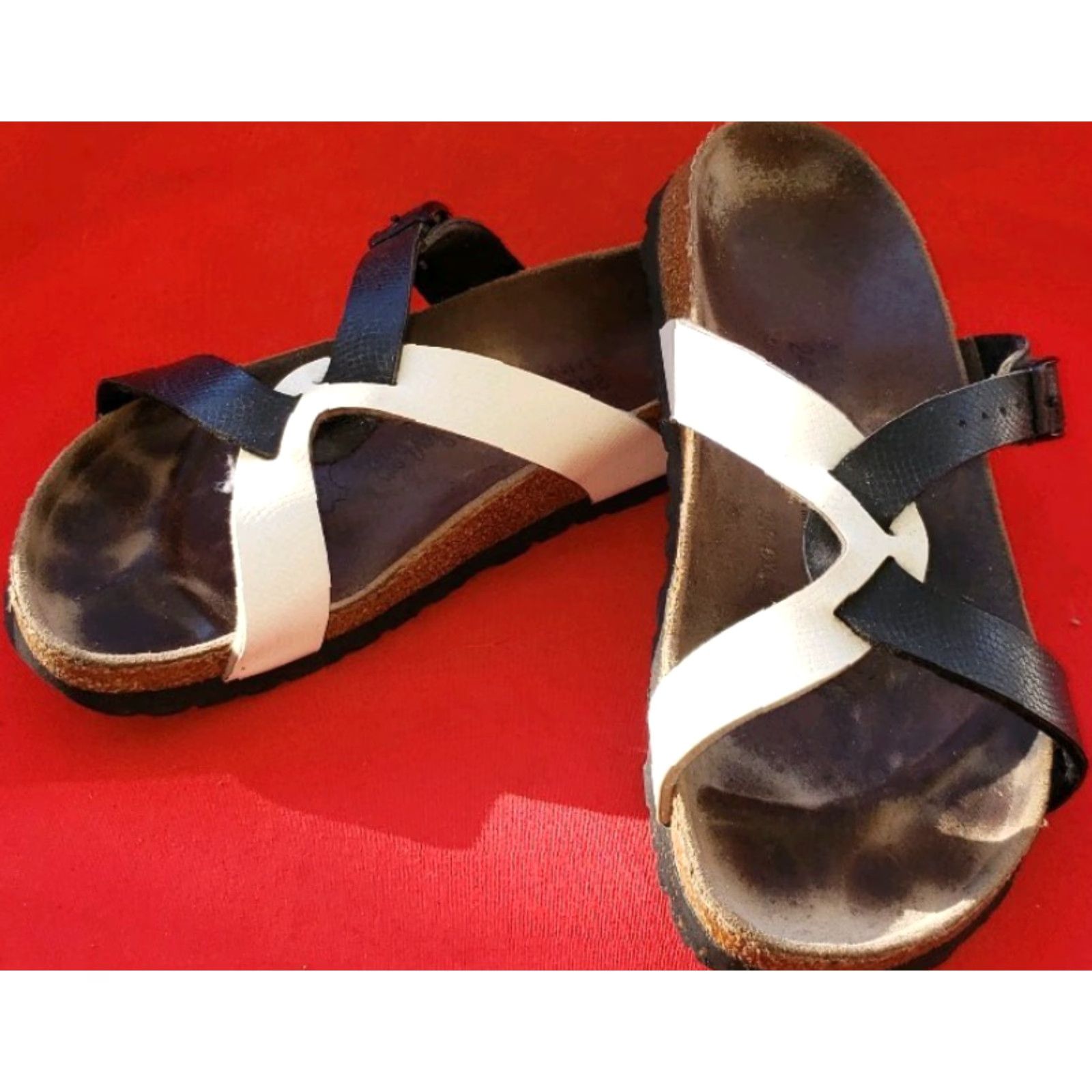Vintage Berki's Slide Footbed Strappy Sandals Women's 7M Black White Crossover Straps Buckle Corkbed Insole Adjustable Footbed Casual Size US 8 / IT 38 - 5 Thumbnail