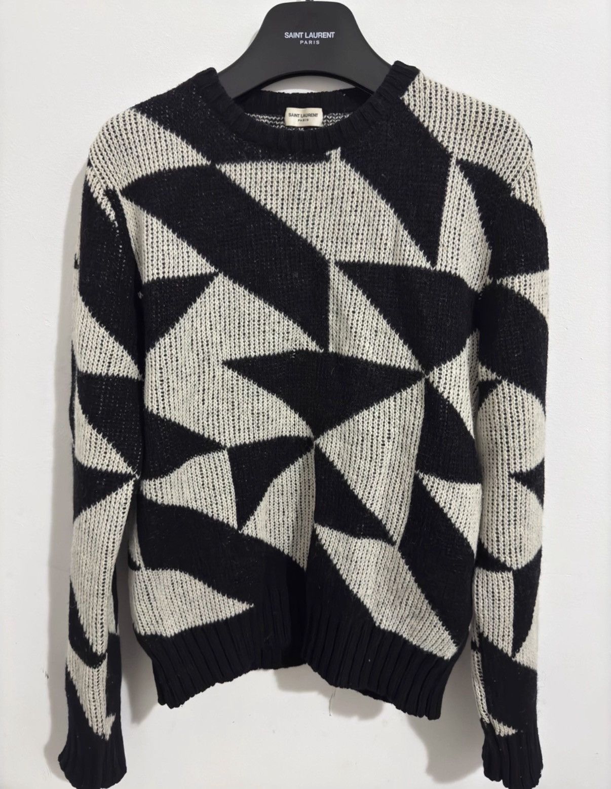 Saint Laurent Paris Saint Laurent Black/White Wool Geometric Triangle Sweater Size US M / EU 48-50 / 2 - 1 Thumbnail