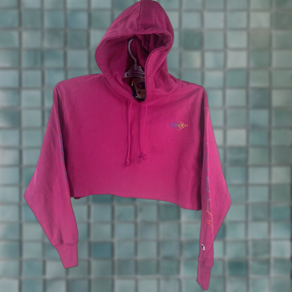 Champion Champion Reverse Weave Hoodie Womens L Pink Spell Out Cropped Pullover Sweatshirt Size L / US 10 / IT 46 - 1 Thumbnail