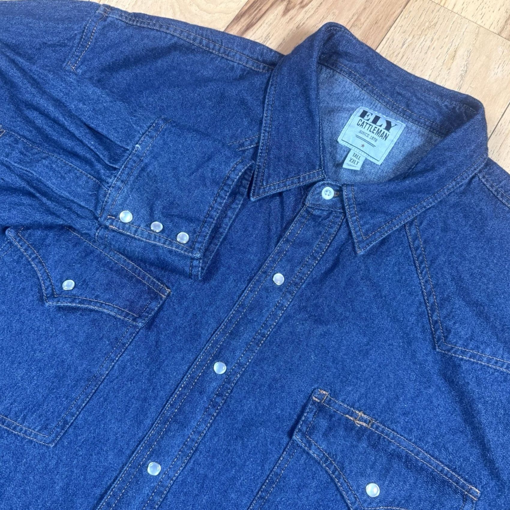 Vintage VINTAGE Ely Cattleman Shirt Denim Western Button-Up 2XLT Mes Mens Big & Tall Blue Pearl Snap Shirt Size US XXL / EU 58 / 5 - 2 Thumbnail