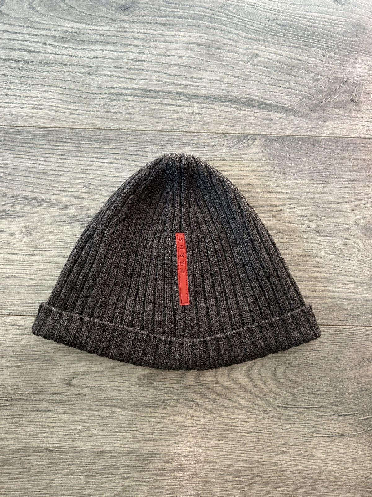Prada Ribbed Wool Beanie with Red Logo Tab