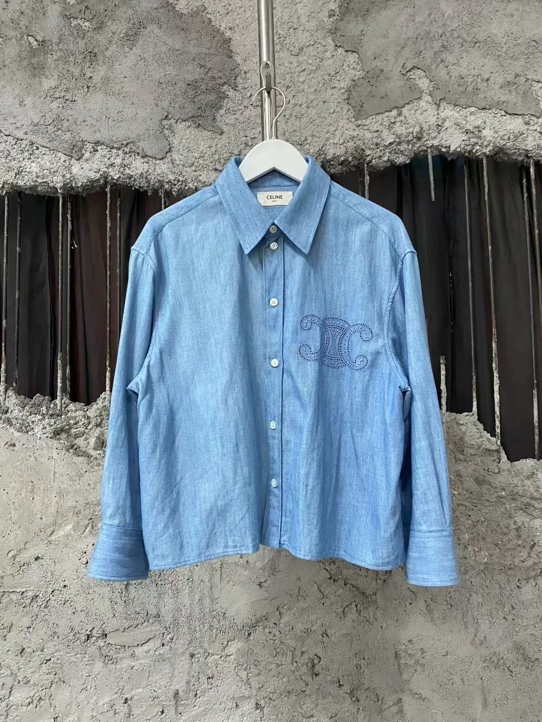 Celine Celine Blue Embroidered Triomphe Denim Shirt Size US 26 / EU 42 - 1 Thumbnail