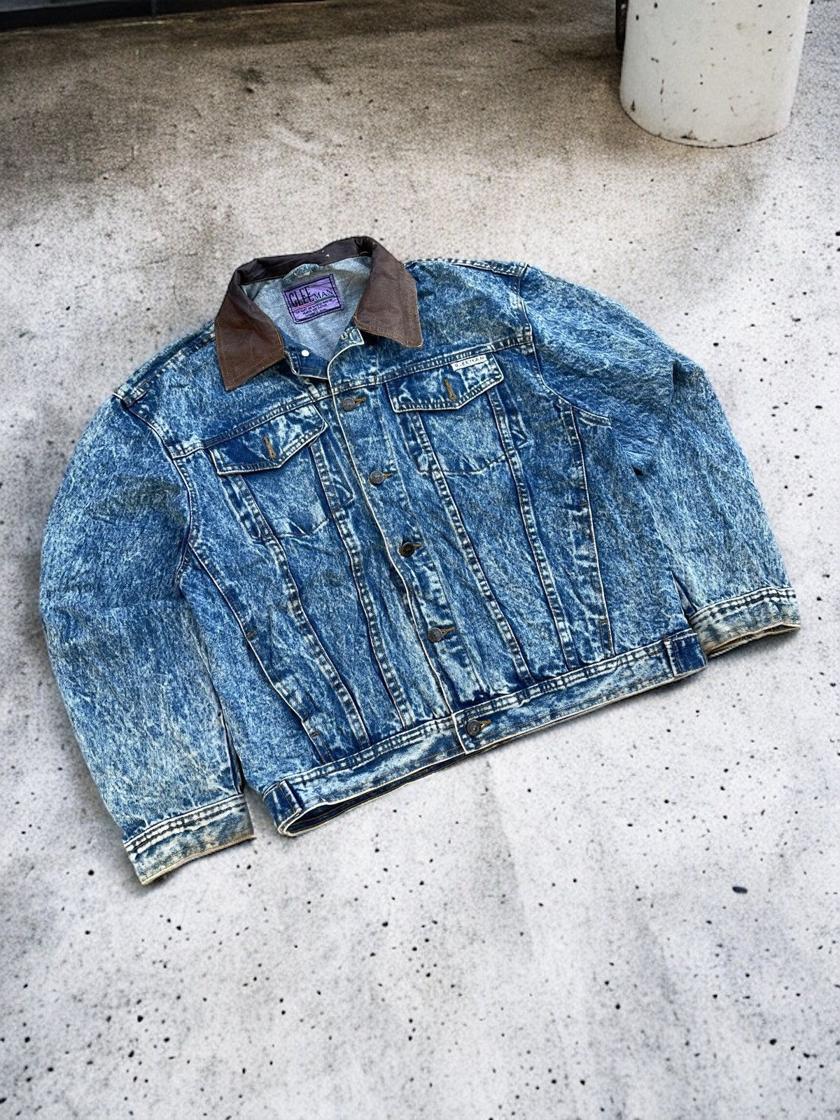 Japanese Brand 🔥Vintage Glee Man Leather Collared Denim Trucker Jacket Size US L / EU 52-54 / 3 - 2 Thumbnail