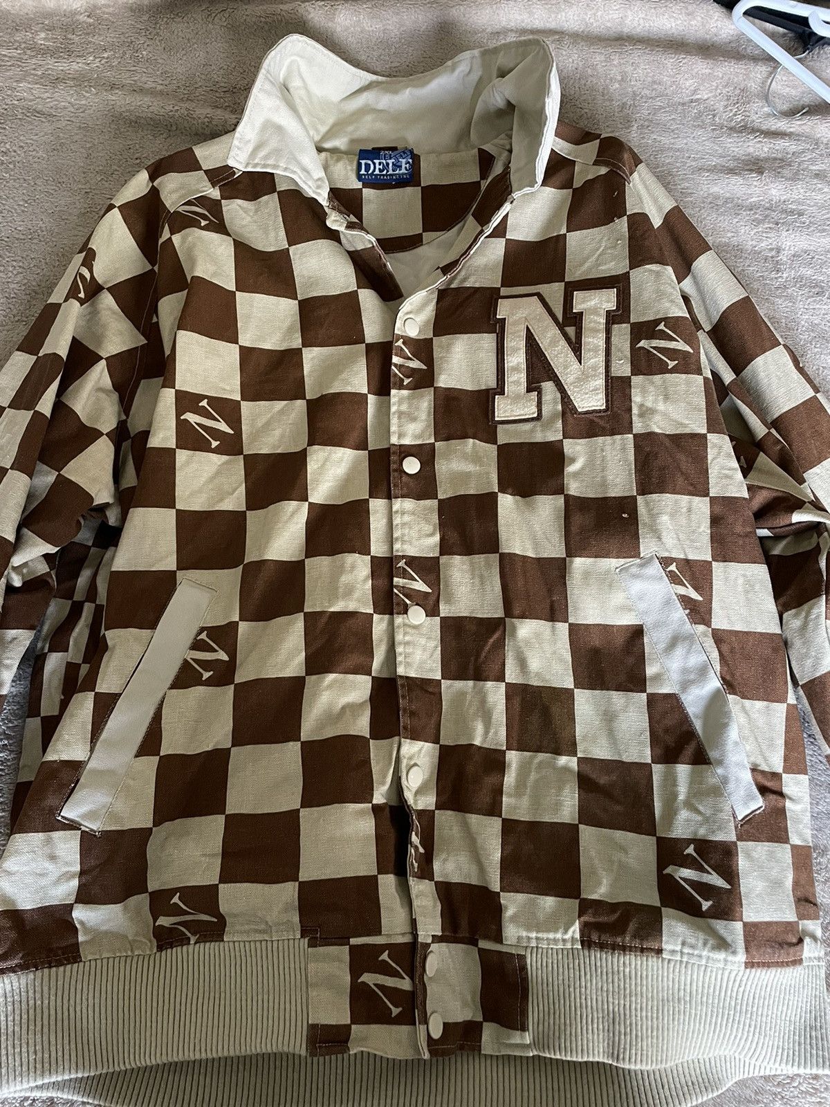 image of Designer Delf Checkered Letterman Jacket, Men's (Size 2XL)