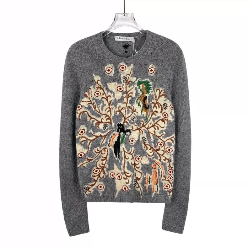 Dior Dior Gray animal embroidered cashmere round-neck long-sleev Size XS / US 0-2 / IT 36-38 - 1 Thumbnail
