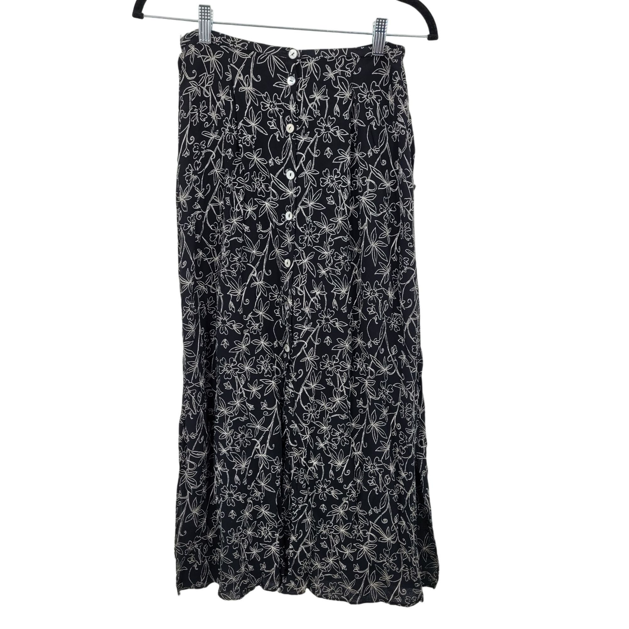 Vintage Vintage Maxi Skirt M Black White Floral Rayon Button Front Size 26" / US 2 / IT 38 - 1 Thumbnail